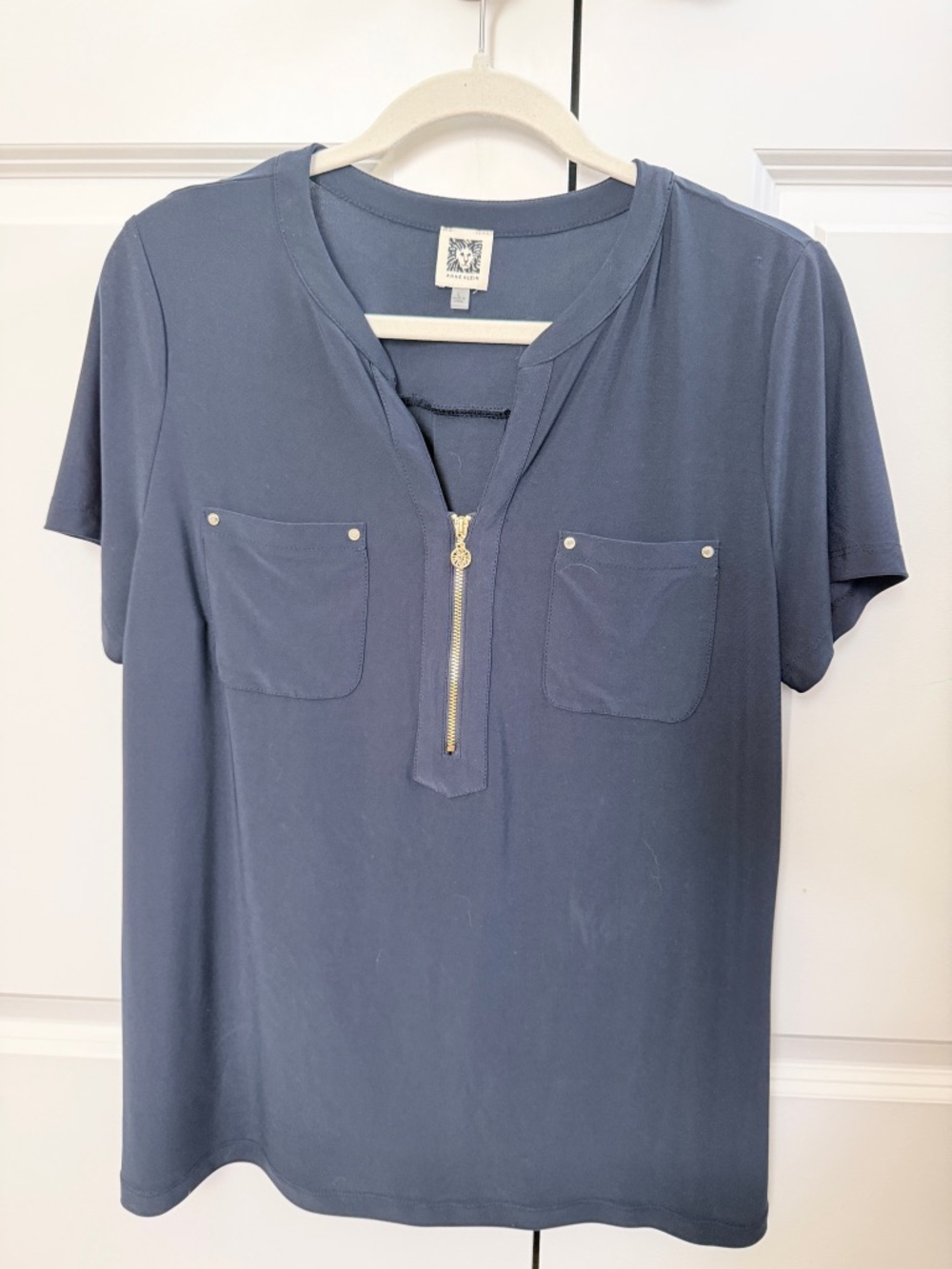 Anne Klein Navy Short-Sleeve Zip Pocket Top